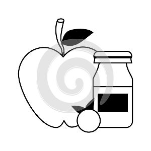 Apple and red fruit with yogurth bottle in black and white photo