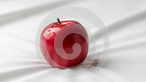 Apple rests on a smooth white fabric surface. The apple appears fresh