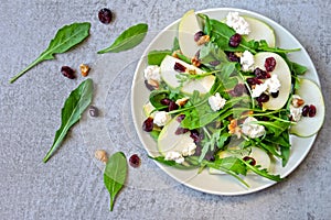 Apple salad with arugula, cottage cheese and dried cranberries.