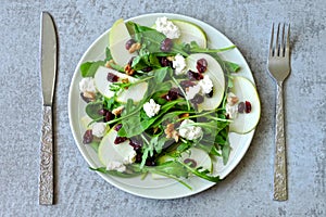 Apple salad with arugula, cottage cheese and dried cranberries.