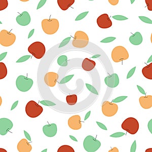 Apple seamless pattern. Flat apples fruits, harvest autumn season. Green, red and yellow plants and leaves. Kitchen