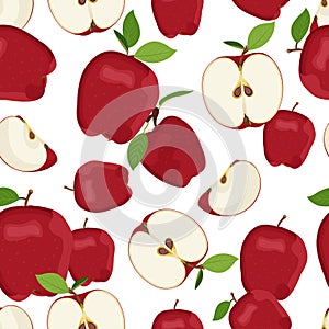 Apple seamless pattern and slice dropping on white background. Red apples fruits