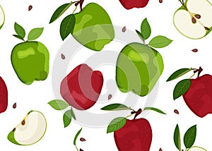 Apple seamless pattern and slice dropping on white background. Red and Green apples fruits