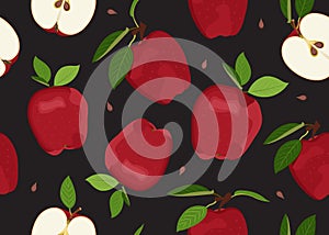 Apple seamless pattern and slice with seed on black background. Red apples fruits