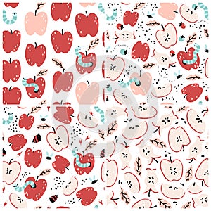 Apple Seamless patterns set with worms, bees, fruits. Natural summer colorful background in simple cartoon hand-drawn