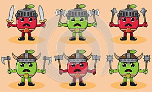 Cute cartoon of Apple fruit knight dual weapon set hand up.