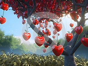 Apple-shaped red hearts hanging on tree branches. Heart as a symbol of affection and