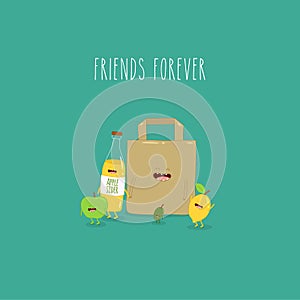 Apple sider olives lemon paper bag friends forever. Vector illustration