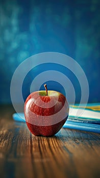 Apple is sitting on top of book, with book open. The apple appears to be placed in front of book\'s cover or spine
