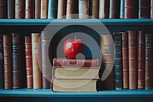 An apple sitting on top of a stack of books