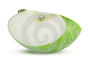 Apple Slice Isolated on White Background. Sliced Green Apple Highly Retouched Closeup. Tasty Fruit, Full Depth of Field