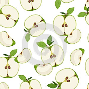 Apple slice seamless pattern dropping on white background. Green apples fruits