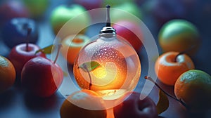 Apple with sparkling lamp on the abstract light bokeh blurred background. AI generated 3D image.