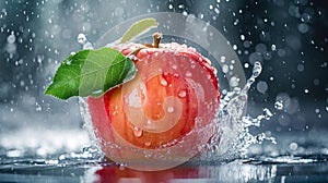 Apple Splashing in Water, Fresh, Crisp Fruit Sends Ripples in Clear Blue Liquid