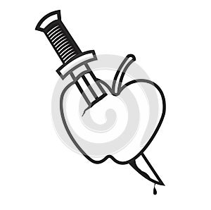 Apple stabbed knife hand drawn vector