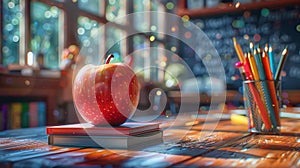 Apple on stack of books in classroom setting - generative ai