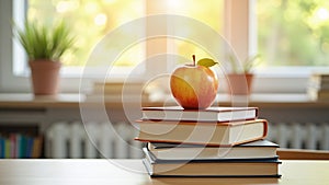Apple on Stack of Books with Window Background