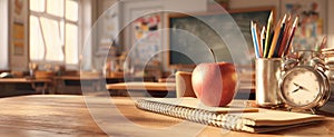 The apple and stationery on a desk in a vibrant classroom setting..AI generated image