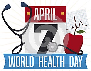 Apple, Stethoscope, Cardiogram and Calendar Ready for World Health Day, Vector Illustration