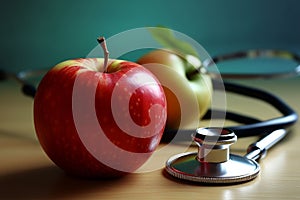 An apple and a stethoscope on a table