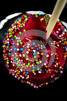 apple in red caramel with multi-colored icing on a black background
