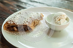 Apple strudel, ice cream