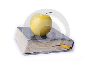 Apple on top of the old book on the white.