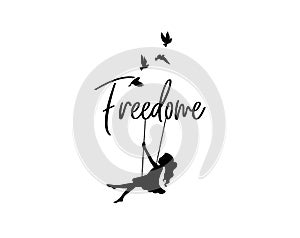 Girl silhouette on swing illustration, vector. Girl silhouette with flying birds isolated on white background