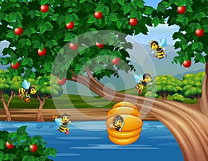 Apple tree with a beehive surrounded by bees