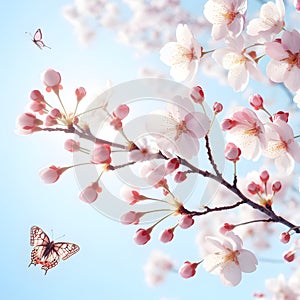 Apple tree branch in flowers. Delicate apple tree blossom blooming in spring, Close-up, nature in spring. Generative AI.