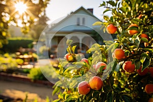 Apple tree branch with ripe red apples in the home garden background and farmhouse in the morning. AI generated.