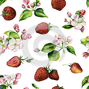 Apple tree branches and strawberry seamless pattern