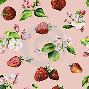 Apple tree branches and strawberry seamless pattern