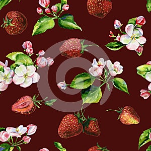 Apple tree branches and strawberry seamless pattern