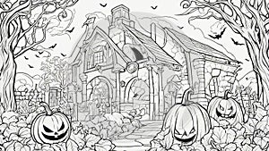 apple tree in the farm black and white, coloring book page, a black and white line drawing of a spooky house with
