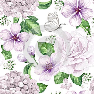 Apple tree flowers, hydrangea flowers,petals and leaves in watercolor style on white background. Seamless pattern for