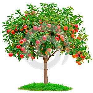 A apple tree isolated on a white or transparent background. A close-up of a apples tree with red apples. A graphic