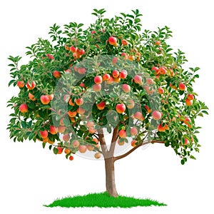 A apple tree isolated on a white or transparent background. A close-up of a apples tree with red apples. A graphic