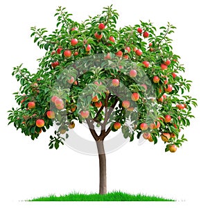 A apple tree isolated on a white or transparent background. A close-up of a apples tree with red apples. A graphic