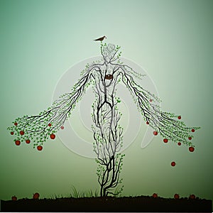 Apple tree looks like a woman and stretching his hands ranches with red apples, magic apple tree character, dreamland or
