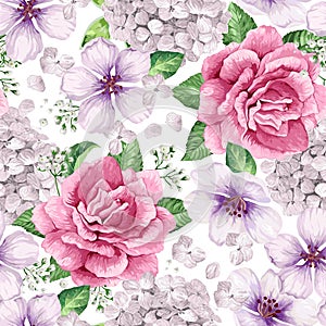 Apple tree, roses, hydrangea flowers petals and leaves in watercolor style on white background. Seamless pattern for