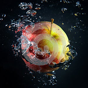 Apple is under water in a stream of air bubbles