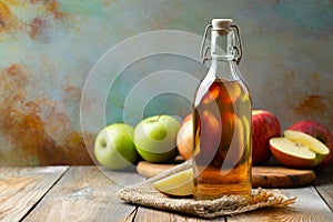 Apple vinegar. Bottle of apple organic vinegar or cider on wooden background. Healthy organic food. With copy space