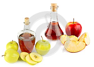 Apple vinegar in glass bottle isolated on white. There is free space for text. Collage