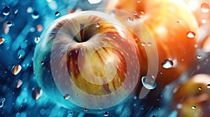 Apple with water drop on the abstract light bokeh blurred background. AI generated 3D image.