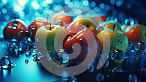 Apple with water drop on the abstract light bokeh blurred background. AI generated 3D image.