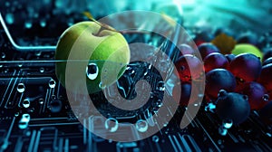 Apple with water drop on the abstract light bokeh blurred background. AI generated 3D image.