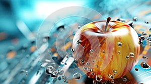 Apple with water drop on the abstract light bokeh blurred background. AI generated 3D image.