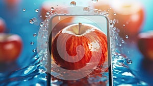 Apple with water drop on smartphone screen and the abstract light bokeh blurred background. AI generated 3D image.