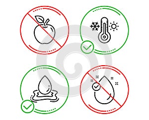 Apple, Water splash and Thermometer icons set. Vitamin e sign. Fruit, Aqua drop, Thermostat. Oil drop. Vector